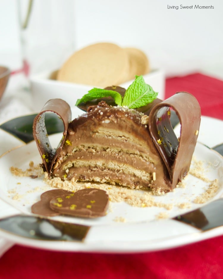 This decadent No Bake Chocolate Biscuit Cake (marquesa de chocolate) is made with condensed milk. Photo showing the cake layers from inside 