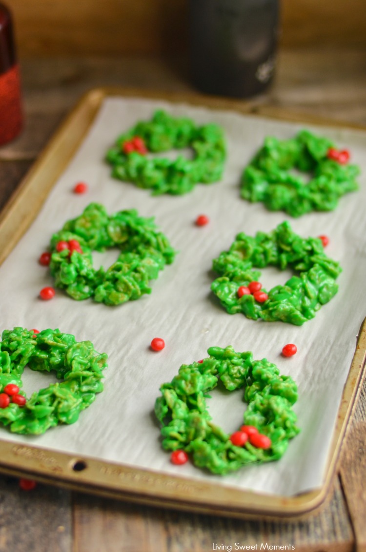 These easy and delicious Christmas Wreath Cookies require no baking & few ingredients. Perfect to make with kids. Give them out as gifts or for dessert.