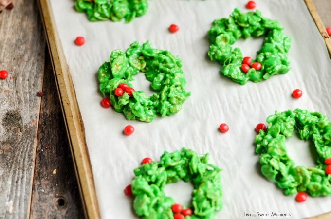 These easy and delicious Christmas Wreath Cookies require no baking & few ingredients. Perfect to make with kids. Give them out as gifts or for dessert.