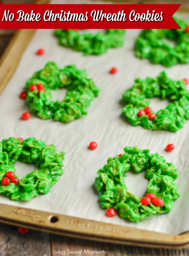 These easy and delicious Christmas Wreath Cookies require no baking & few ingredients. Perfect to make with kids. Give them out as gifts or for dessert. 