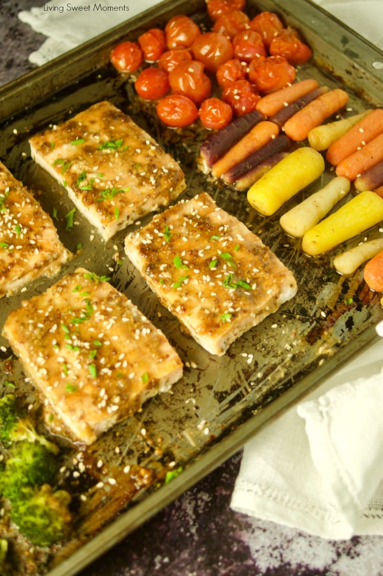 Enjoy this easy honey mustard sheet pan salmon with broccoli and colorful vegetables. Ready in 25 minutes and perfect for busy weeknights