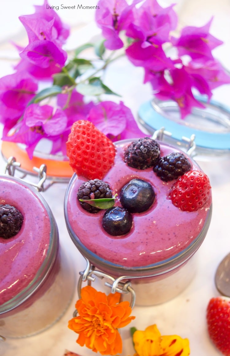 This delicious strawberry overnight oats is topped with a frosty blackberry smoothie.