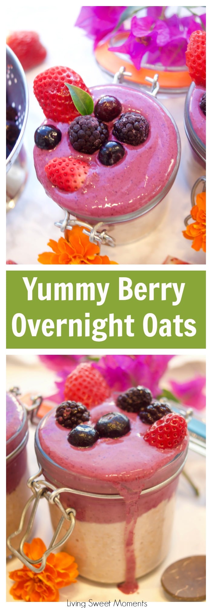 This delicious strawberry overnight oats is topped with a frosty berry smoothie. Enjoy a quick and healthy breakfast idea that will keep you going all morning. More delicius breakfast recipes at livingsweetmoments.com #ad