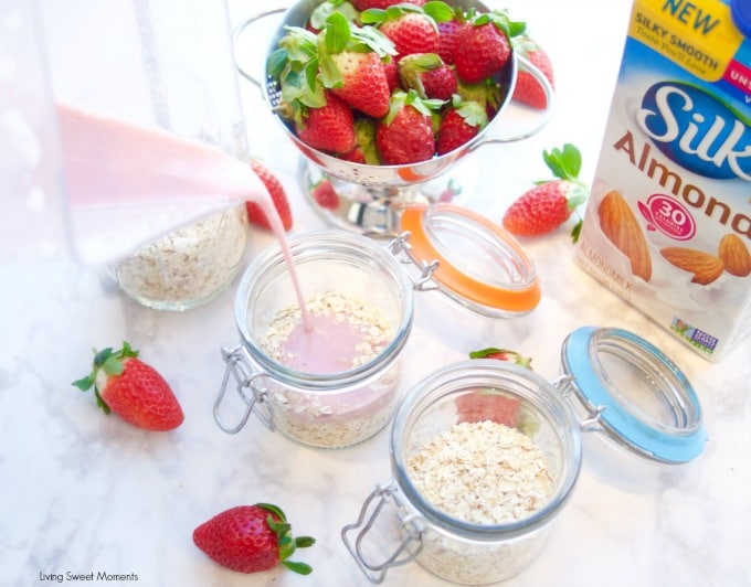 This delicious strawberry overnight oats. Pouring the milk mixture into the oats