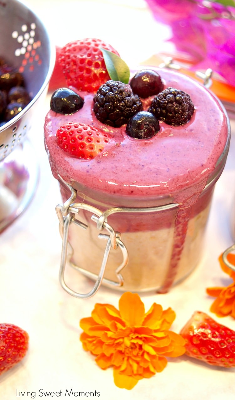 This delicious strawberry overnight oats is topped with a frosty berry smoothie. Enjoy a quick and healthy breakfast idea that is kid and adult friendly as well.
