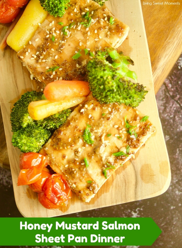 Enjoy this easy honey mustard sheet pan salmon with broccoli and colorful vegetables. Ready in 25 minutes and perfect families