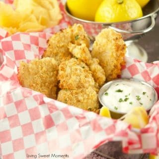 This crunchy and delicious Potato Chip Crusted Fish recipe showing the fried basked and dipping sauce