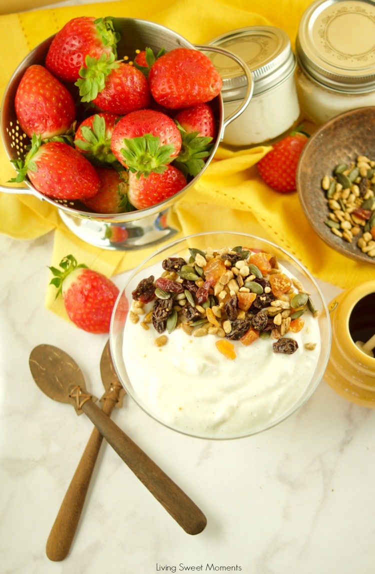This super Easy Instant Pot Yogurt recipe requires only 1 step and 4 ingredients. No boiling, straining or checking temperature required. Make the perfect thick and creamy yogurt for breakfast and top with honey, fruit, and granola