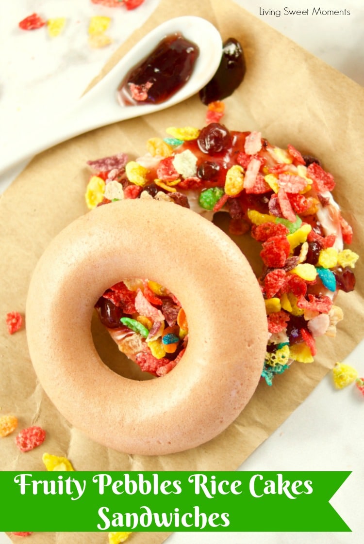 An easy kid friendly snack, these crunchy Fruity Pebbles Rice Cakes Sandwiches with title