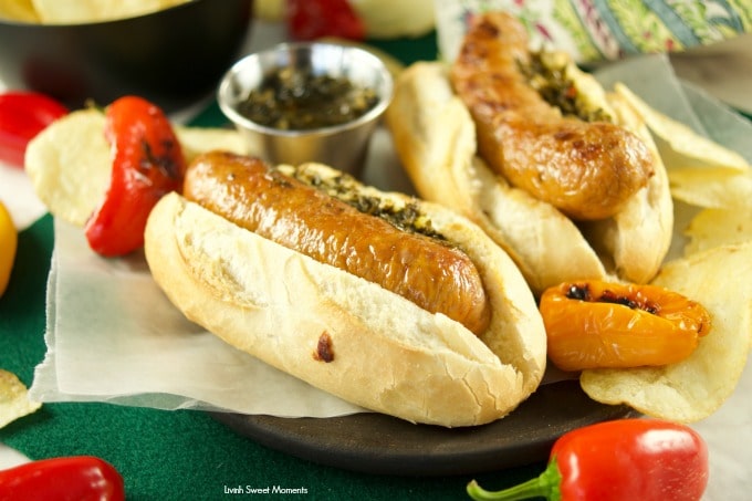 Juicy and delicious grilled Choripan, aka Chorizo Hot Dogs served with chimichurri sauce. The perfect food for parties and celebrations