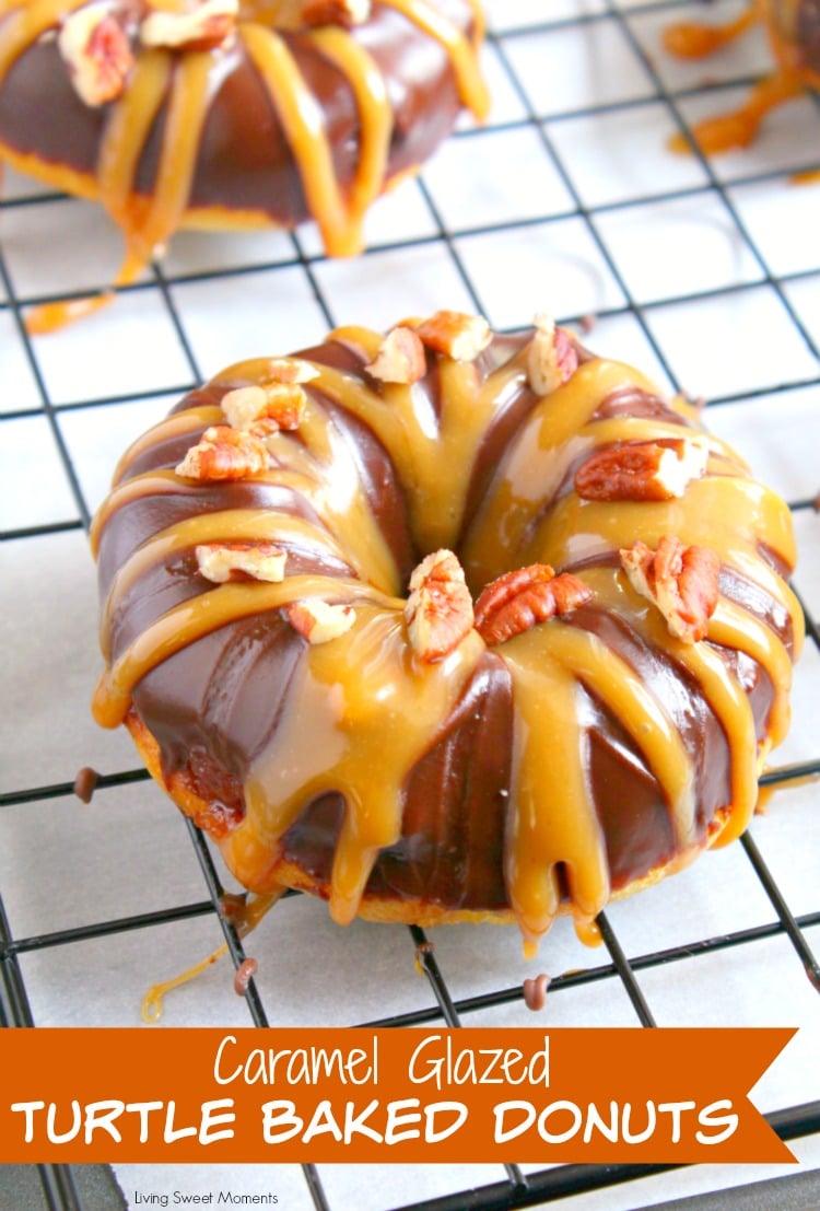 These decadent Baked Turtle Donuts are are glazed with chocolate, sprinkled with toasted pecans and drizzled with sweet caramel. Best dessert ever