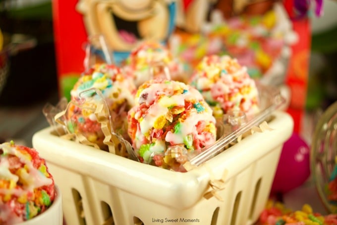 Celebrate Easter with these delicious no-bake Fruity Pebbles Eggs topped with a tangy lemon glaze. The perfect kid-friendly treat! Closeup shot