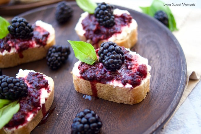 Only 2 ingredients needed for this creamy homemade mascarpone cheese spread in a crostini and topped with blackberries.