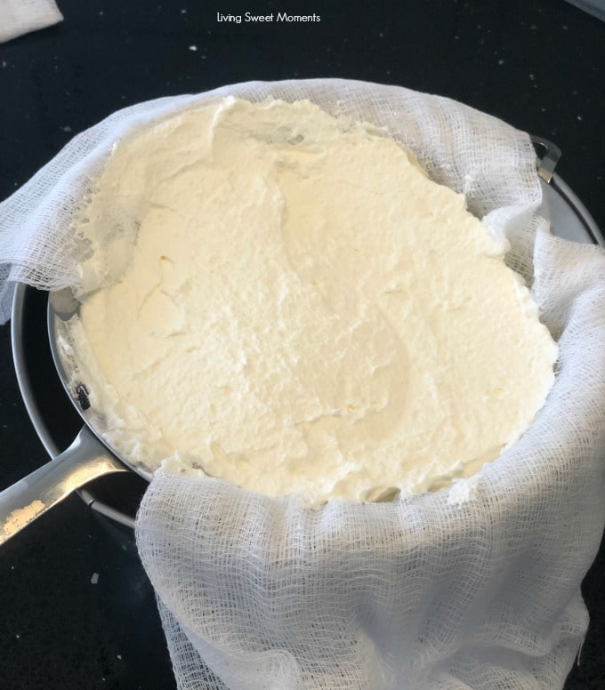 Only 2 ingredients needed for this creamy homemade mascarpone cheese here the mixture is placed in a colander lined with cheesecloth 