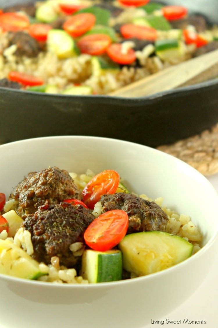 Enjoy a full meal from scratch on the table in 45 minutes or less using only one pan! This delicious One Pot Greek Meatballs is served with rice, zucchini and cherry tomaatoes