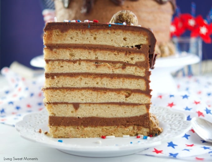 This colossal Peanut Butter Chocolate Cake recipe is made from scratch and is garnished with peanut butter truffles. Showing just a slice of cake