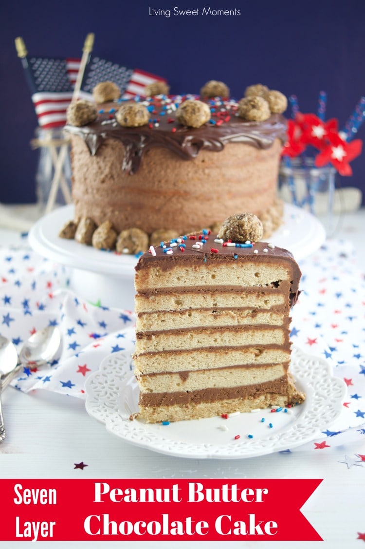 This colossal Peanut Butter Chocolate Cake recipe is made from scratch and is garnished with peanut butter truffles. The ultimate cake for celebrations. Red title at the bottom