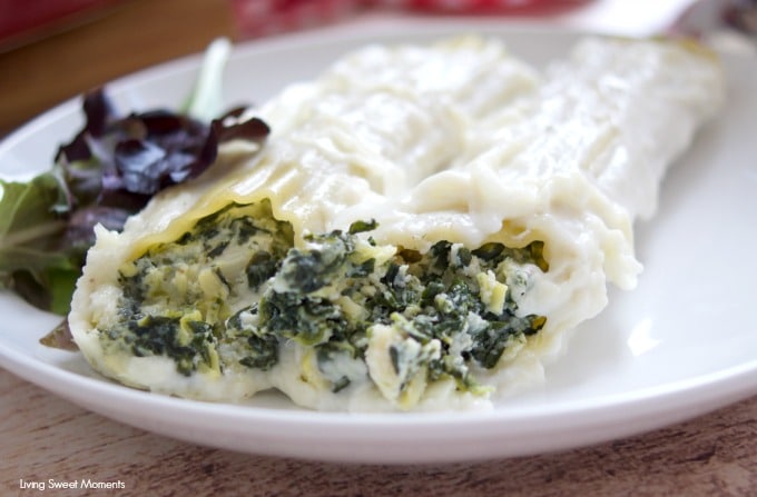 vegetarian dinner under an hour with this cheesy Spinach Artichoke Manicotti made with bechamel sauce and cheese