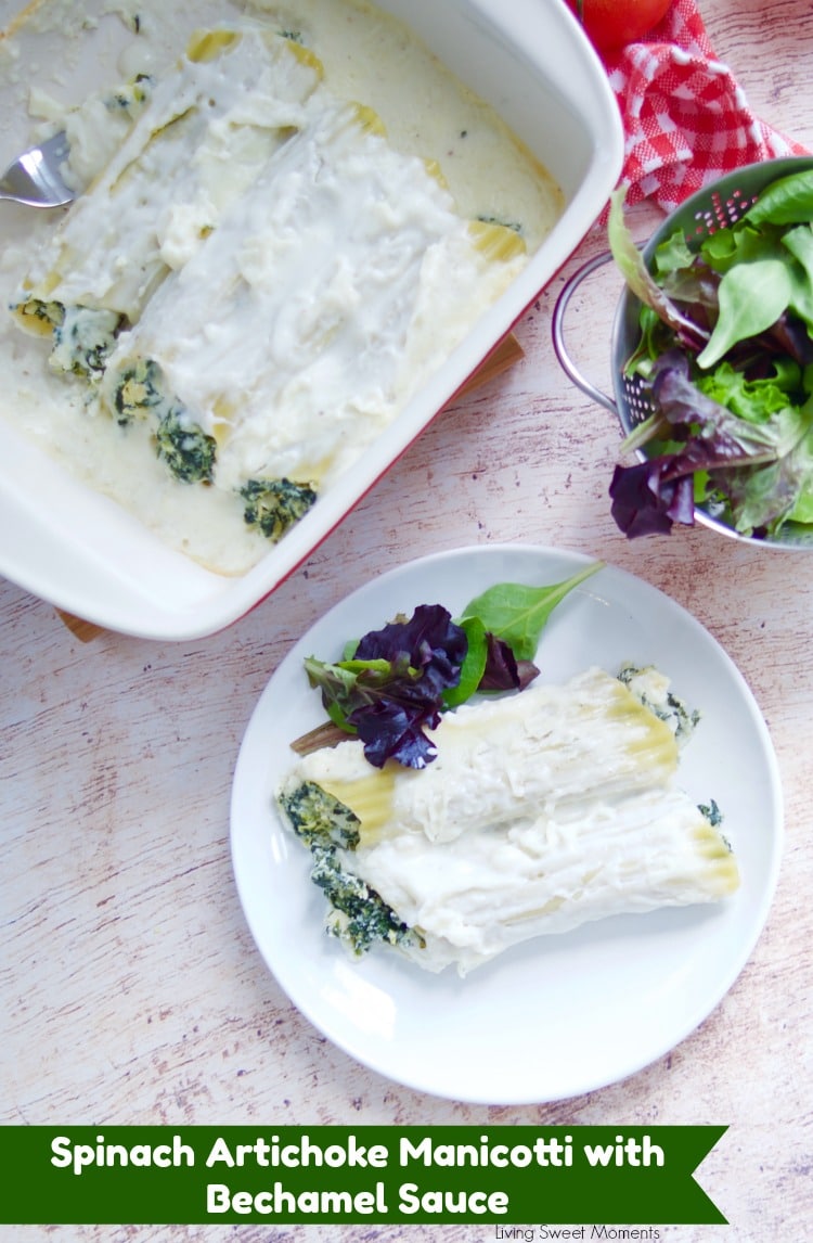 Enjoy a delicious vegetarian comfort dinner under an hour with this cheesy Spinach Artichoke Manicotti baked in a rich Bechamel sauce