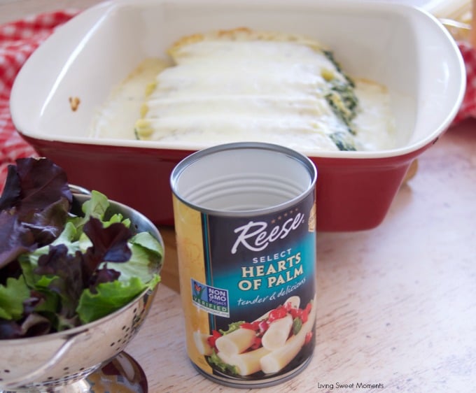 Enjoy a delicious vegetarian comfort dinner under an hour with this cheesy Spinach Artichoke Manicotti baked in a rich Bechamel sauce reese hearts of palm