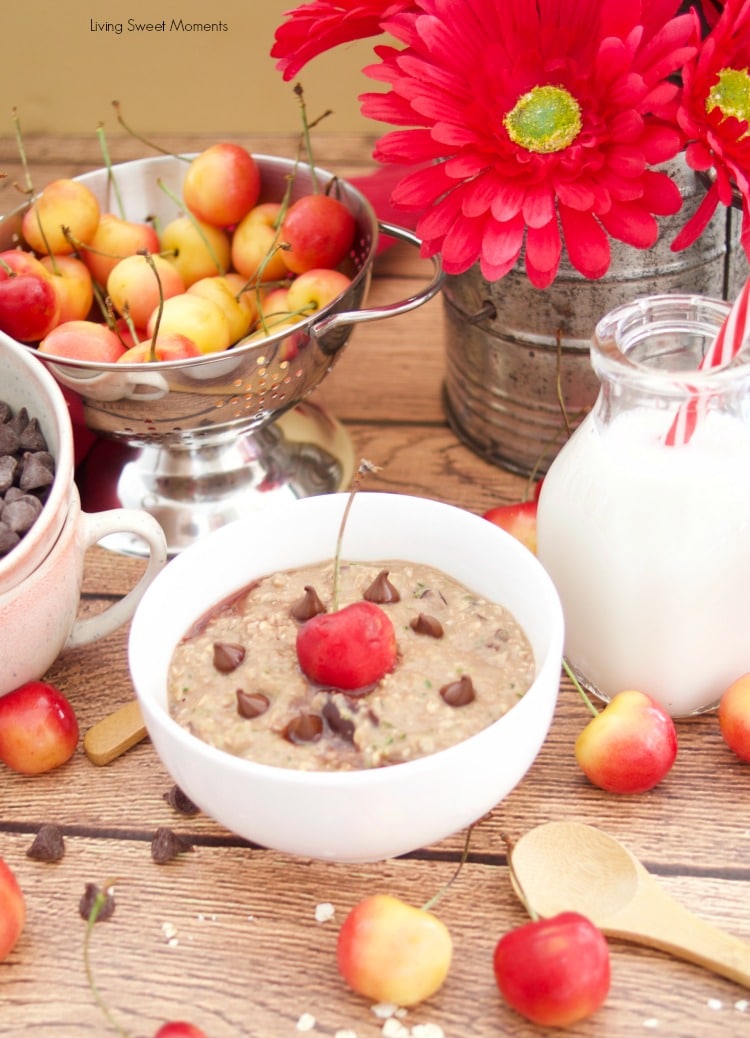 Check out this amazing recipe for Chocolate Cherry Zoats served with chocolate chips with truvia, almond milk and fresh cherries