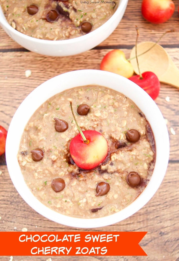 Check out this amazing recipe for Chocolate Cherry Zoats (aka Zucchini Oatmeal) - garnished with chocolate chips and a fresh cherry