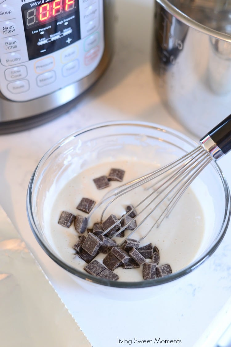 Made with chocolate chunks, these fluffy Instant Pot Pancakes are out of this world. Shown here is the bowl with the pancake batter