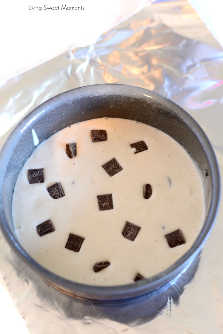 Made with chocolate chunks, these fluffy Instant Pot Pancakes are the perfect kid friendly breakfast. Here we shown the uncooked batter in the springform pan