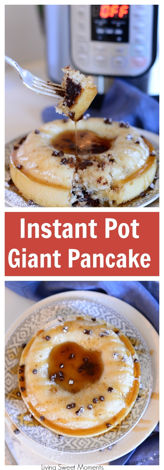 Made with chocolate chunks, these fluffy Instant Pot Pancakes are the perfect fun & delicious breakfast recipe that does not require flipping or babysitting. More instant pot recipes at livingsweetmoments.com