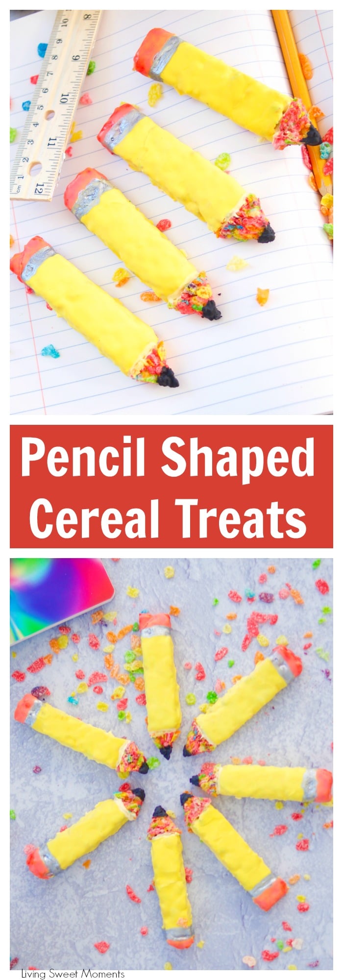 Check out these easy to make and whimsical Pencil Shaped Cereal Treats. Perfect for the lunchbox or as an after school snack. For more back to school recipes visit livingsweetmoments.com
