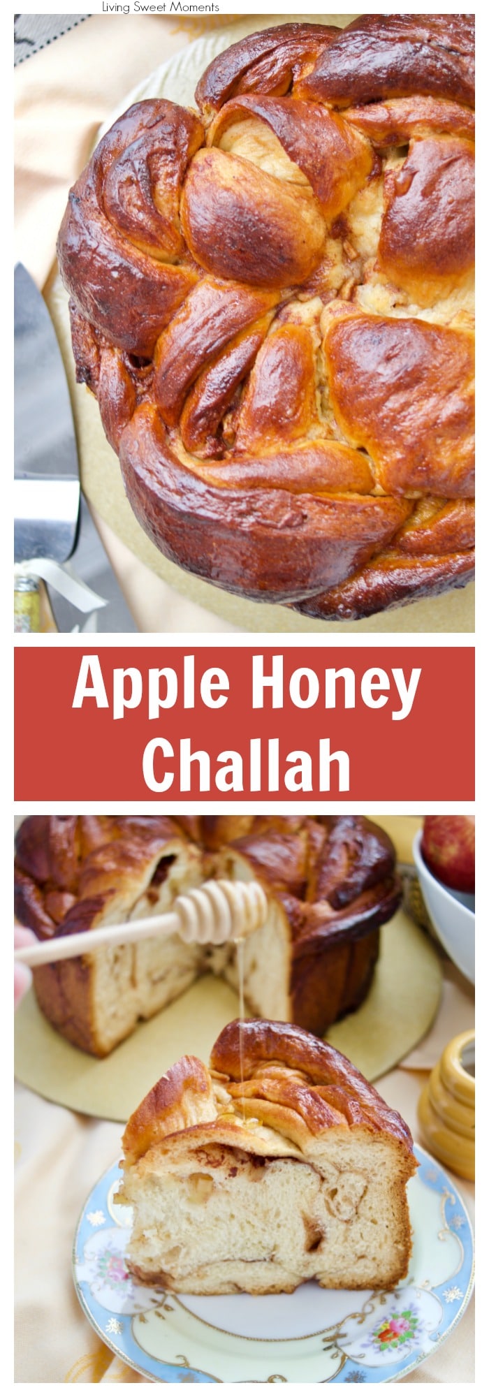 Celebrate a sweet new year with this delicious round Apple Honey Challah recipe. Serve on Erev Rosh Hashanah or have a slice for breakfast. More challah recipes at livingsweetmoments.com