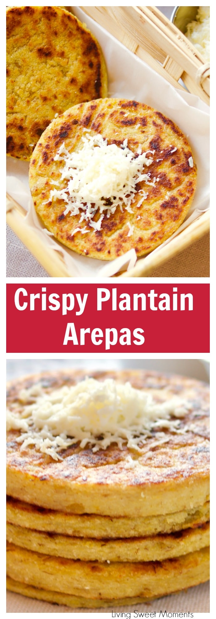 Prepare these easy and delicious Plantain Arepas. Crispy on the outside, soft on the inside, with a touch little sweetness. Serve with shredded cheese. For more gluten free recipes visit Livingsweetmoments.com
