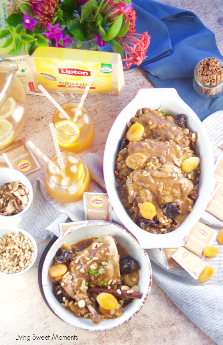 This delicious & quick Instant Pot Moroccan Chicken is made with dried fruit and nuts and served with a refreshing glass of Passion Fruit Black Iced Tea.
