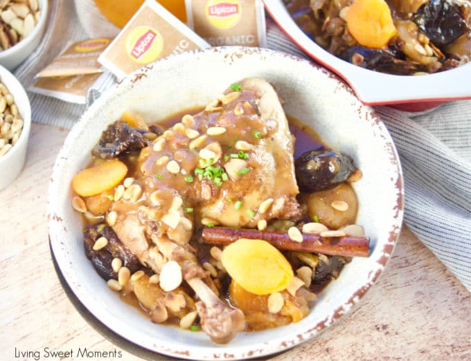 This delicious & quick Instant Pot Moroccan Chicken is made with dried fruit and nuts and served with a refreshing glass of Passion Fruit Black Iced Tea.