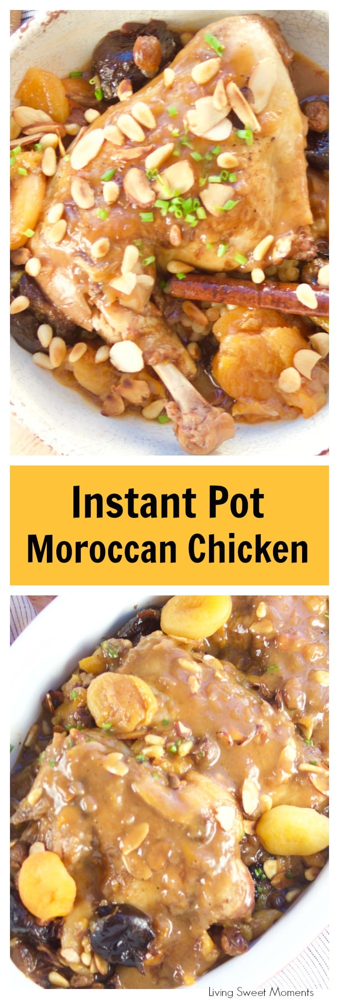 This delicious & quick Instant Pot Moroccan Chicken is made with dried fruit and nuts and served with a refreshing glass of Passion Fruit Black Iced Tea. More delicious instant pot recipes at Living Sweet Moments today!