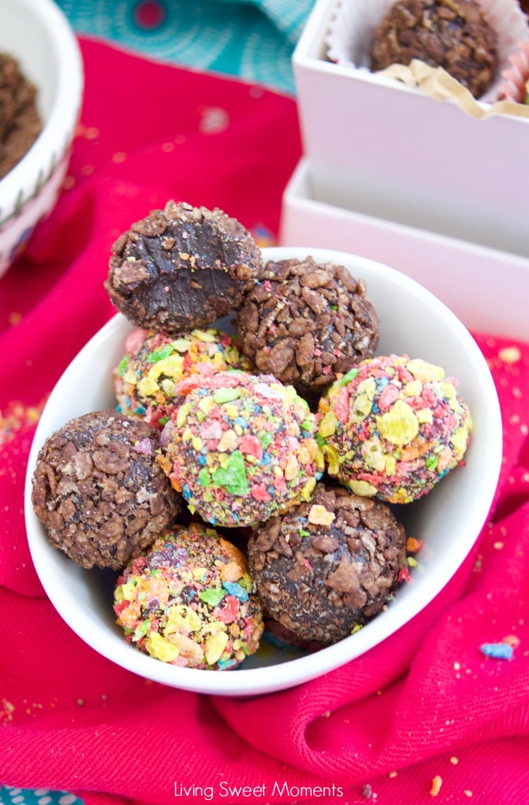 Delicious Fudgy Brigadeiros are made with Pebbles cereal to add flavor and color to these no bake Brazilian fudge balls. The perfect bite size dessert.