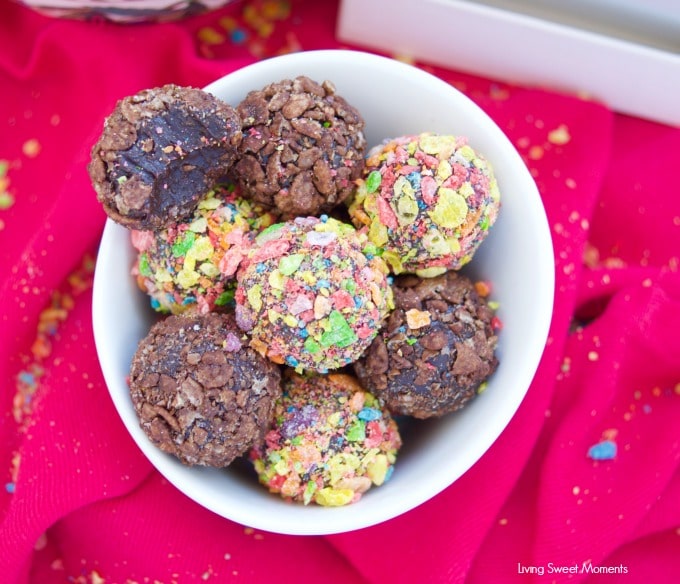 Delicious Fudgy Brigadeiros are made with Pebbles cereal to add flavor and color to these no bake Brazilian fudge balls. The perfect bite size dessert.