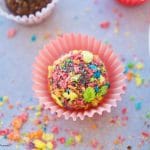 Delicious Fudgy Brigadeiros are made with Pebbles cereal to add flavor and color to these no bake Brazilian fudge balls. The perfect bite size dessert.