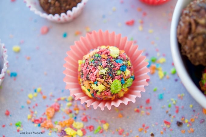 Delicious Fudgy Brigadeiros are made with Pebbles cereal to add flavor and color to these no bake Brazilian fudge balls. The perfect bite size dessert.