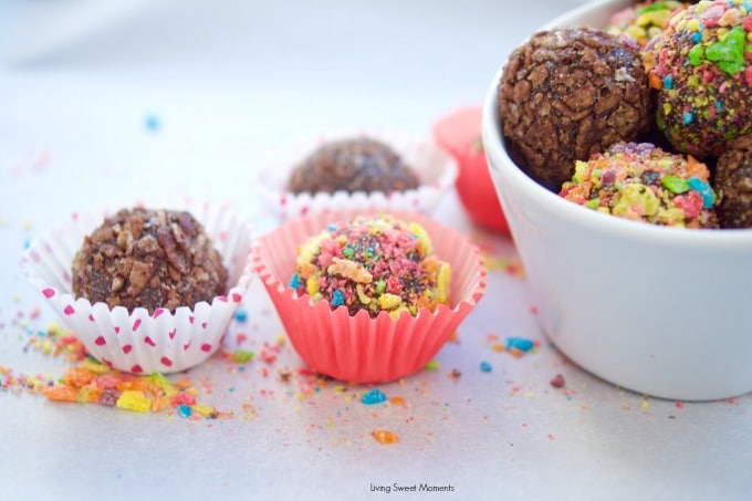 Delicious Fudgy Brigadeiros are made with Pebbles cereal to add flavor and color to these no bake Brazilian fudge balls. The perfect bite size dessert.