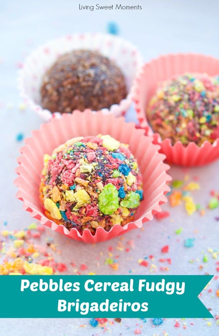 Delicious Fudgy Brigadeiros are made with Pebbles cereal to add flavor and color to these no bake Brazilian fudge balls. The perfect bite size dessert. 