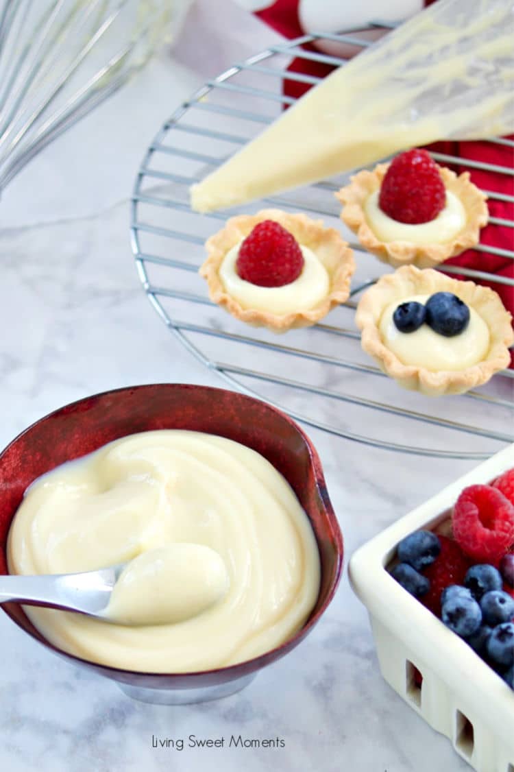 This delicious Vanilla Pastry Cream or Creme Patisserie recipe is creamy, easy to prepare, and is the perfect filling for donuts, cakes, fruit tartd, pastries, and more.
