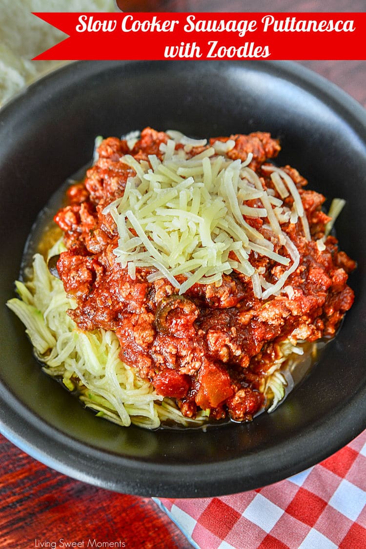 Come home to a delicious and comforting meal. This hearty Slow Cooker Sausage Puttanesca is served with zoodles. The perfect low-carb weeknight dinner idea. 