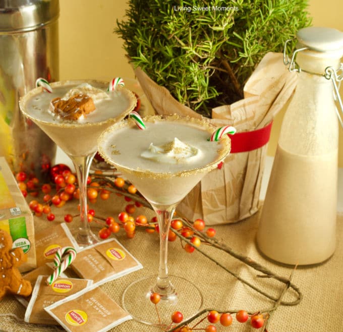 Get in the Holiday spirit with this creamy and flavorful Chai Tea Eggnog Cocktail served on a martini glass and garnished with fresh whipped cream.