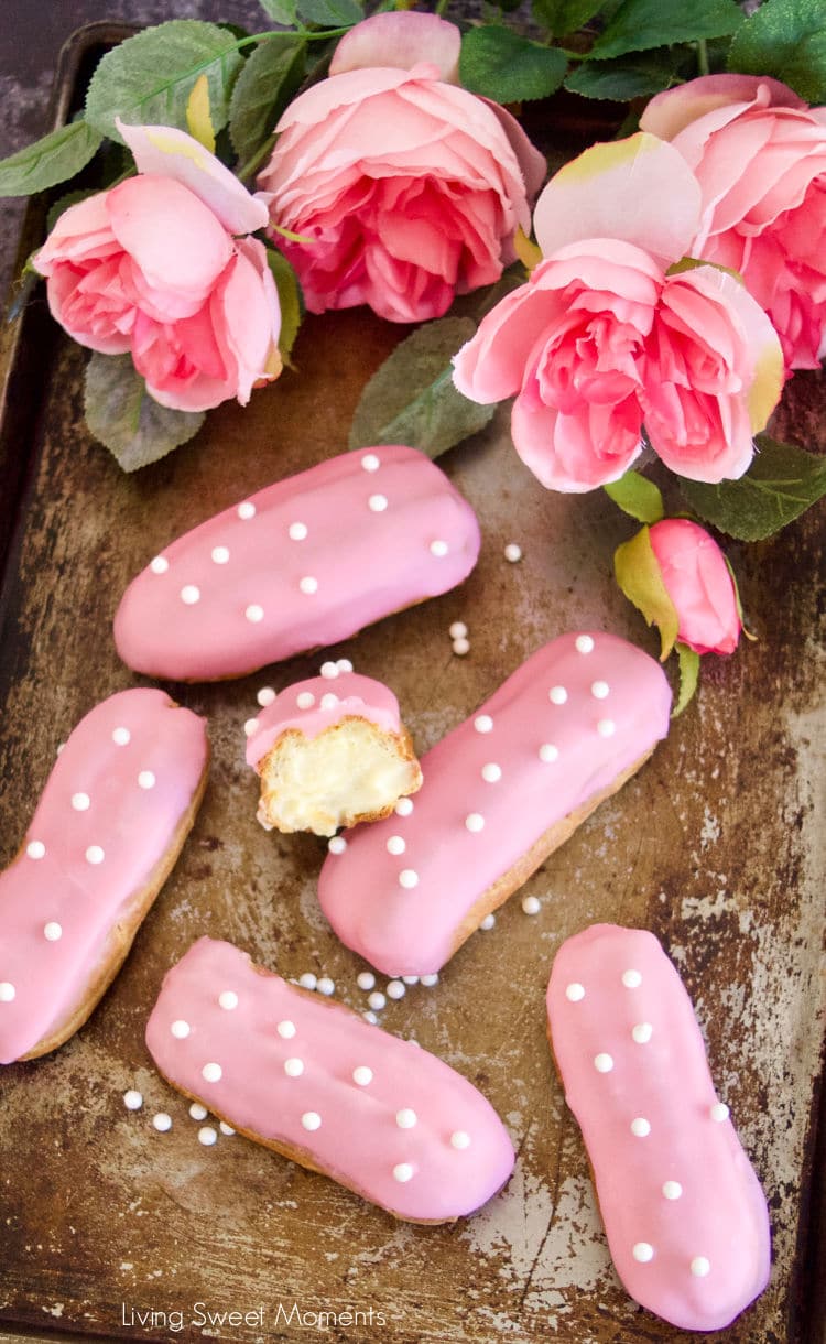 These delicate vanilla eclairs features a crunchy pate au choux filled homemade vanilla pastry cream and topped with a sweet glaze. A classic french pastry.