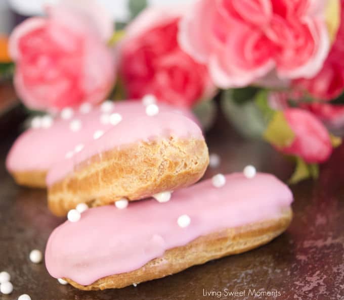 These delicate vanilla eclairs features a crunchy pate au choux filled homemade vanilla pastry cream and topped with a sweet glaze. A classic french pastry.