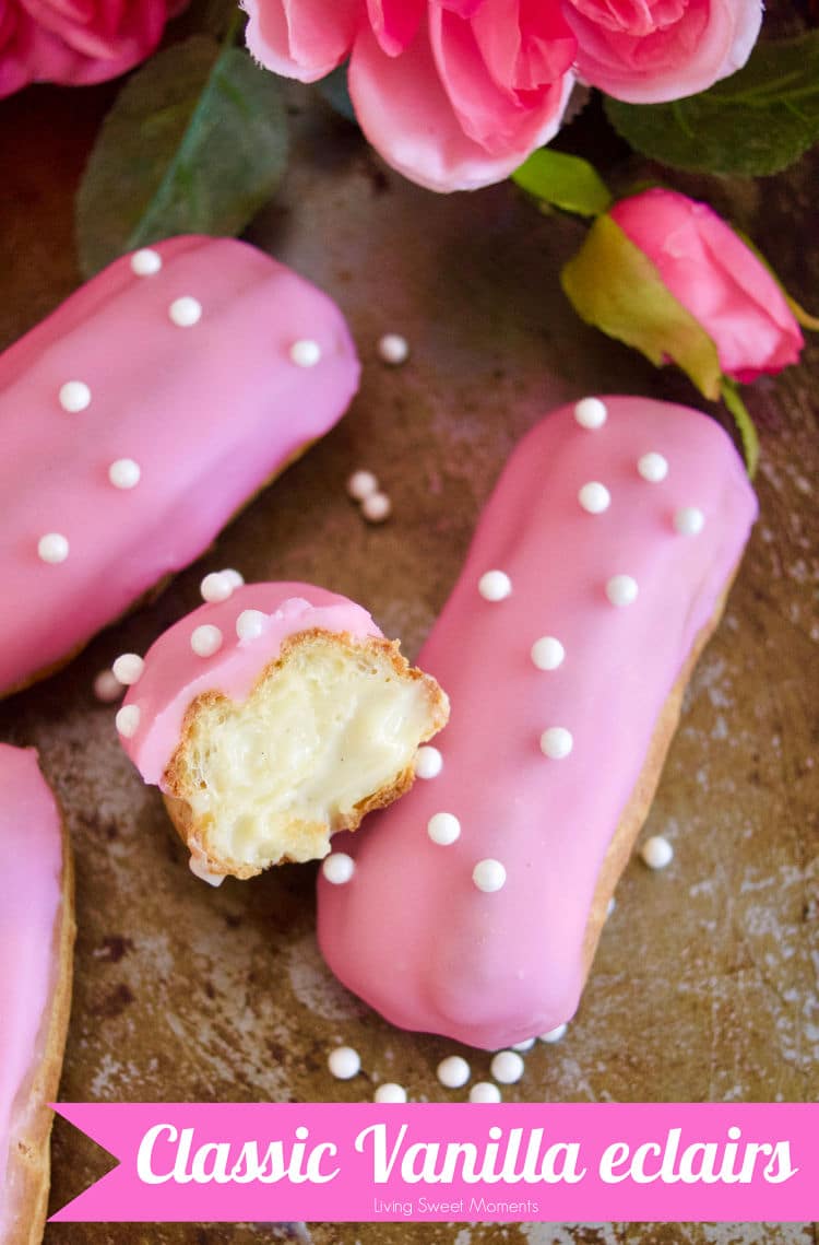 These delicate vanilla eclairs features a crunchy pate au choux filled homemade vanilla pastry cream and topped with a sweet glaze. A classic french pastry. 