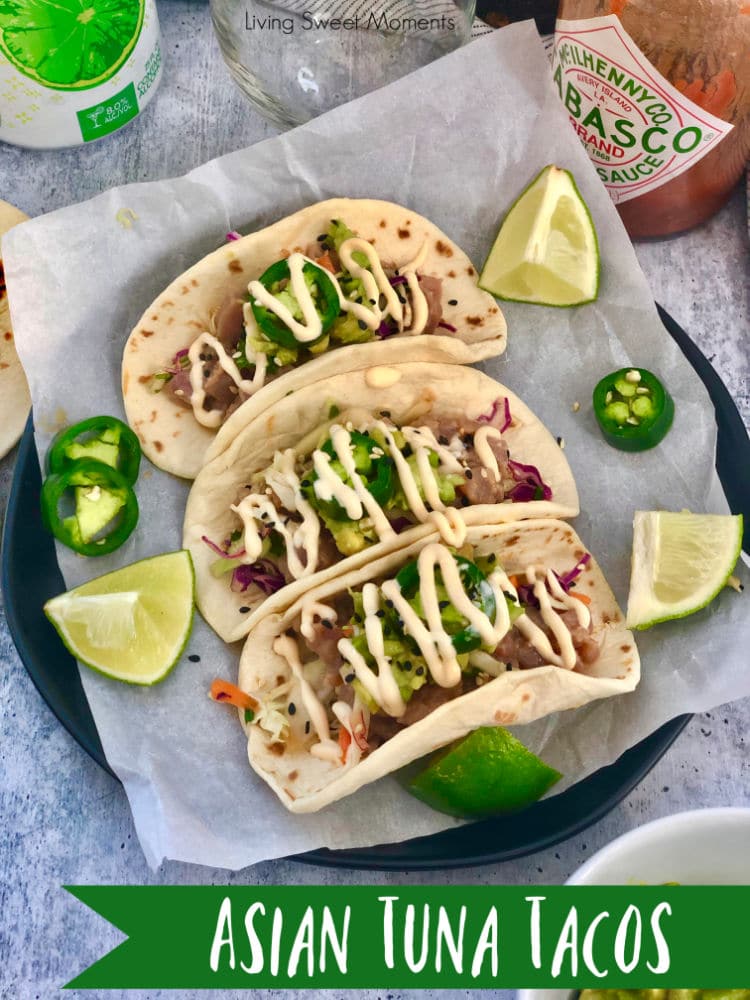 Delight your friends with these delicious Asian Style Tuna Tacos. Marinated ahi tuna is served over an asian slaw, avocados, and covered with spicy mayo. 