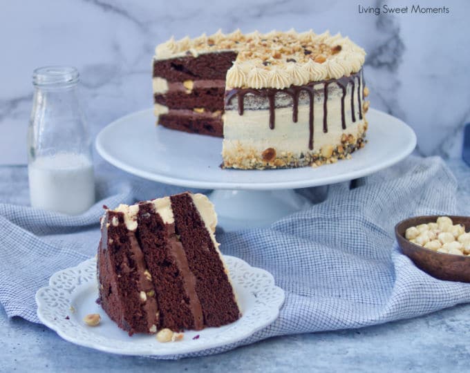 This decadent Crunchy Chocolate Hazelnut Cake has 3 layers of chocolate cake filled with creamy chocolate hazelnut ganache and frosted with praline cream