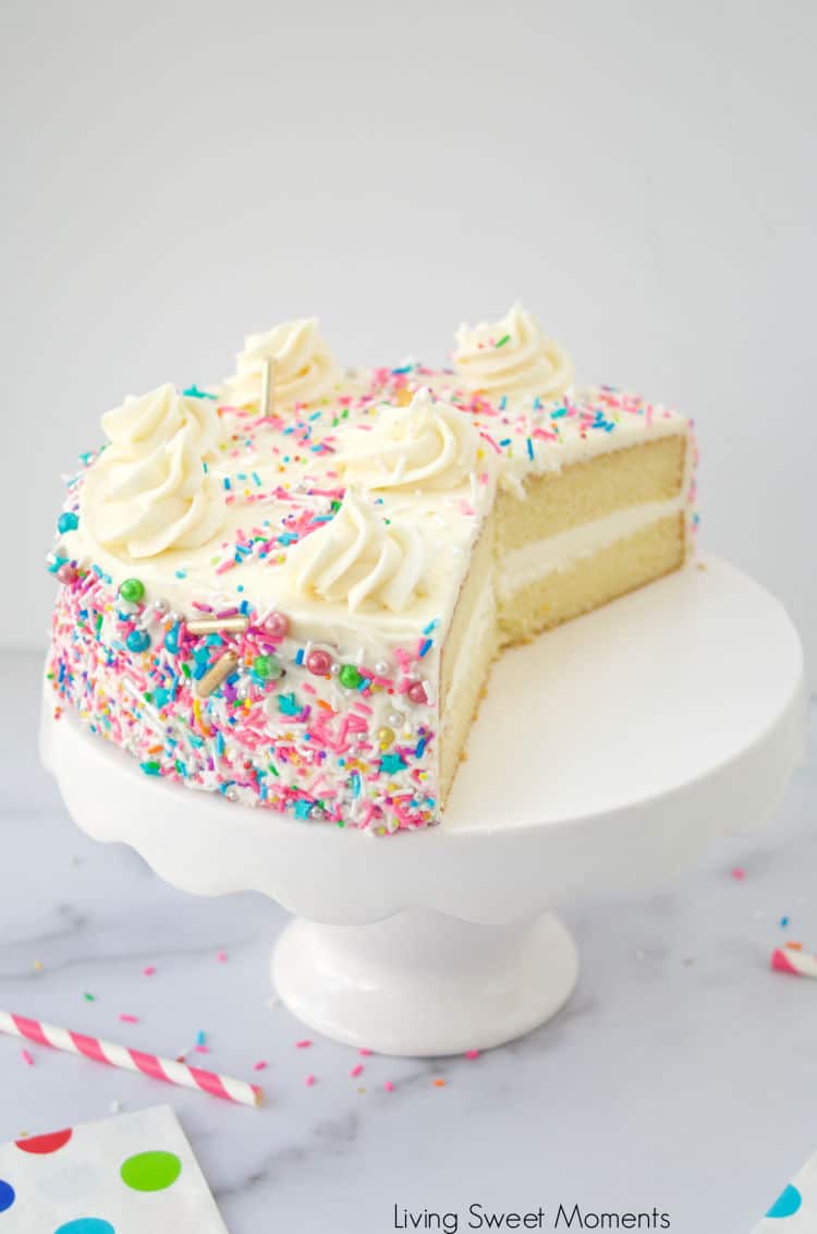 This delicious and super moist vanilla cake recipe is one you'll make over and over! It has a soft and delicious crumb with a hint of sweetness and vanilla.
